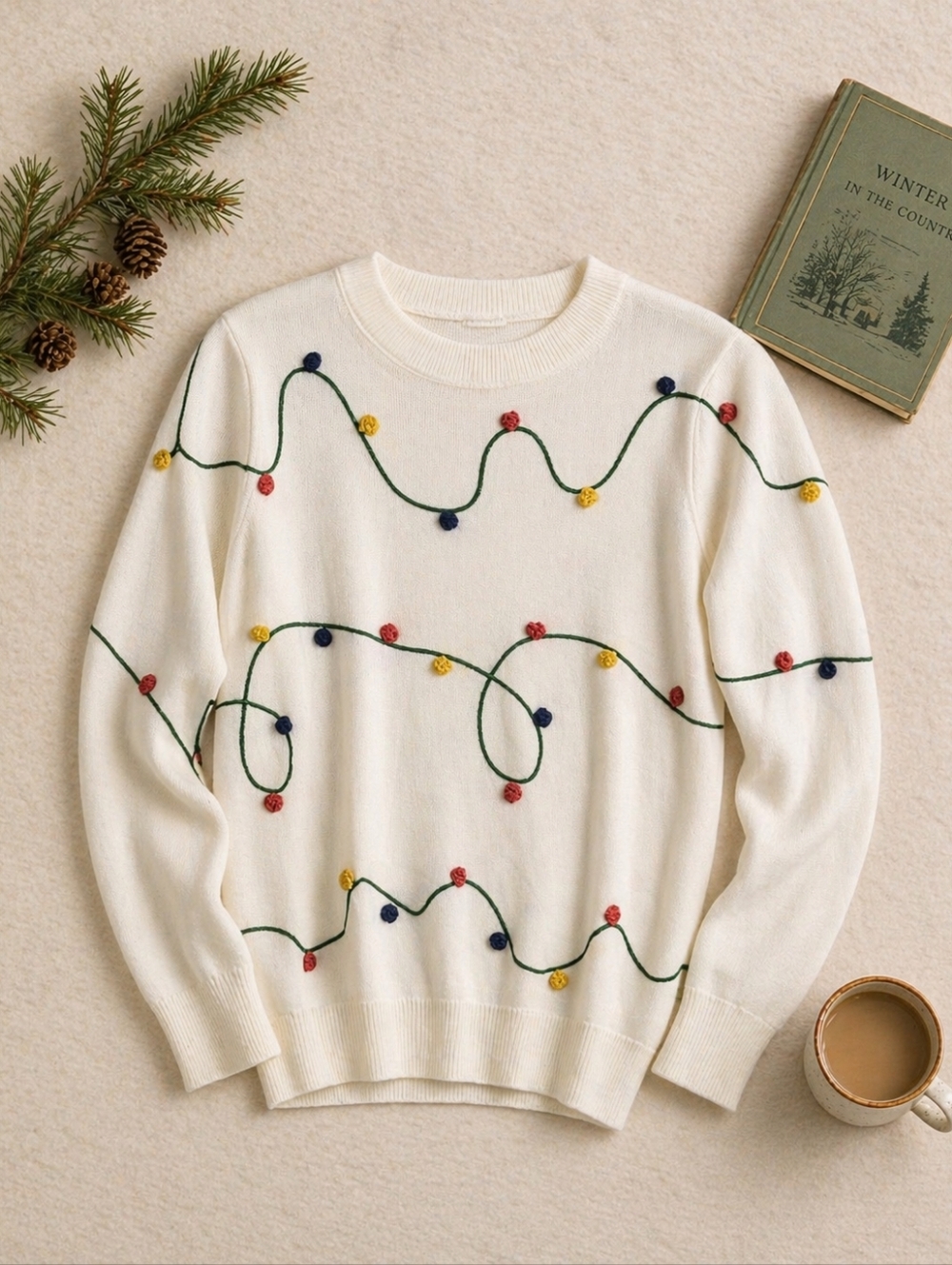 NWOT MODCLOTH Cream L Sleeve Christmas  Embroidered Lightweight Sweater Ladies S